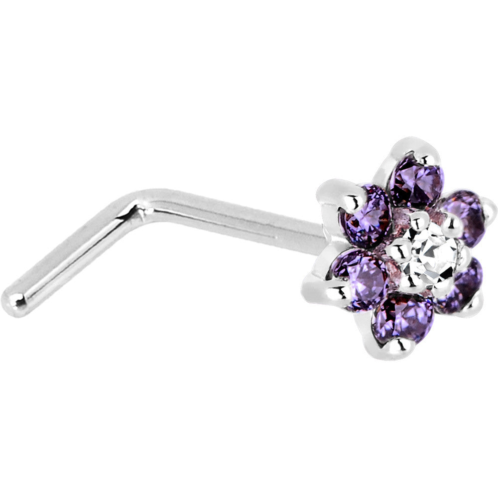Solid 14K White Gold Amethyst and Clear Cubic Zirconia Flower Nose Ring