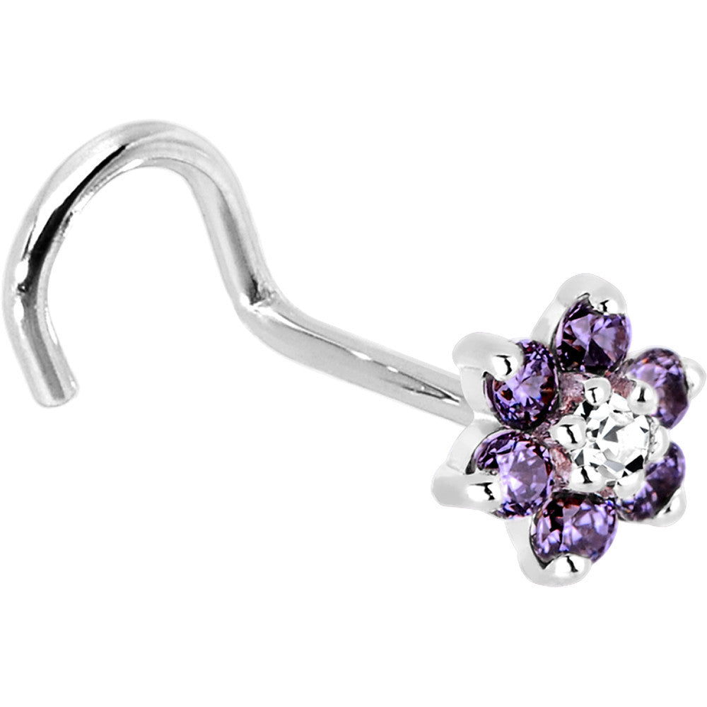Solid 14K White Gold Amethyst and Clear Cubic Zirconia Flower Nose Ring