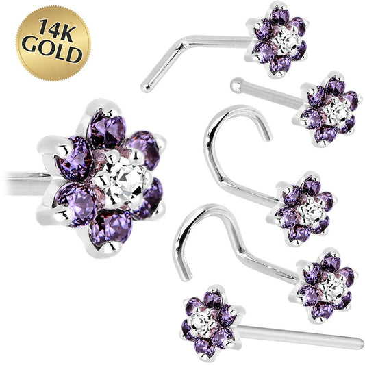 Solid 14K White Gold Amethyst and Clear Cubic Zirconia Flower Nose Ring