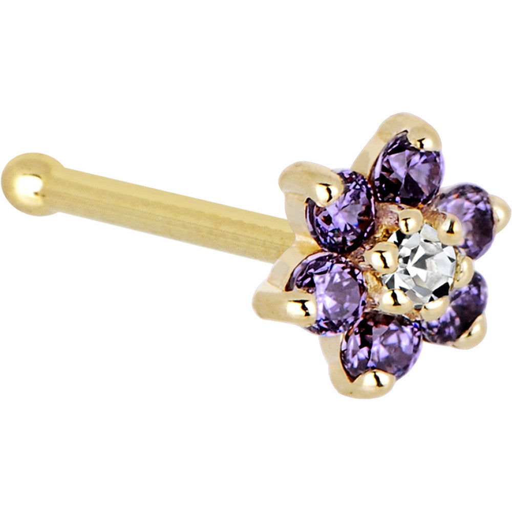 Solid 14K Yellow Gold Amethyst and Clear Cubic Zirconia Flower Nose Ring