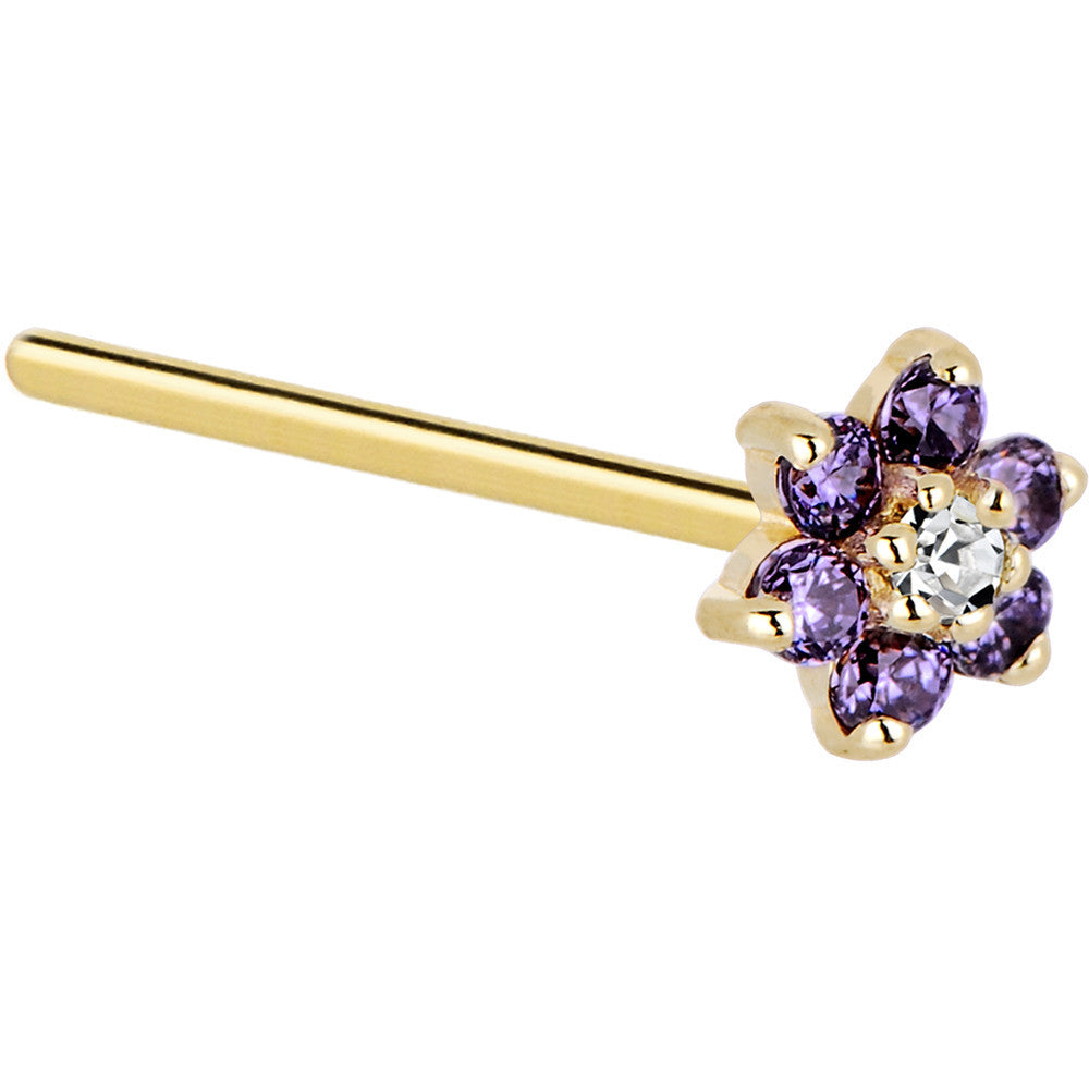 Solid 14K Yellow Gold Amethyst and Clear Cubic Zirconia Flower Nose Ring