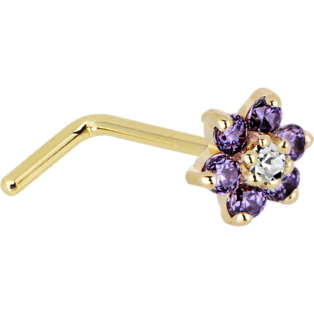 Solid 14K Yellow Gold Amethyst and Clear Cubic Zirconia Flower Nose Ring
