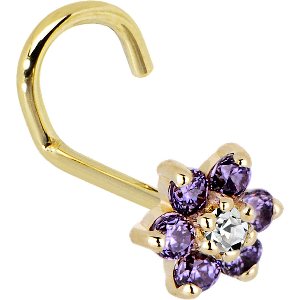 Solid 14K Yellow Gold Amethyst and Clear Cubic Zirconia Flower Nose Ring