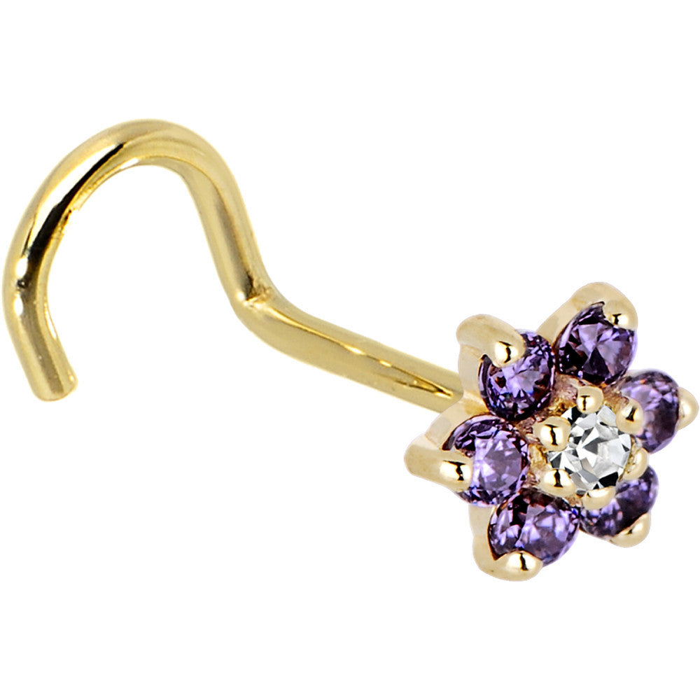 Solid 14K Yellow Gold Amethyst and Clear Cubic Zirconia Flower Nose Ring