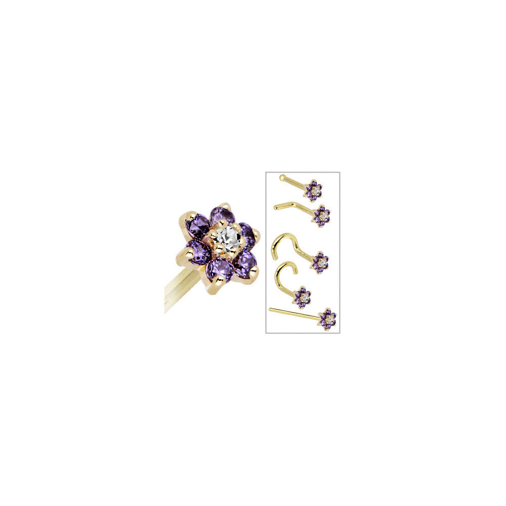Solid 14K Yellow Gold Amethyst and Clear Cubic Zirconia Flower Nose Ring