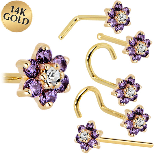 Solid 14K Yellow Gold Amethyst and Clear Cubic Zirconia Flower Nose Ring