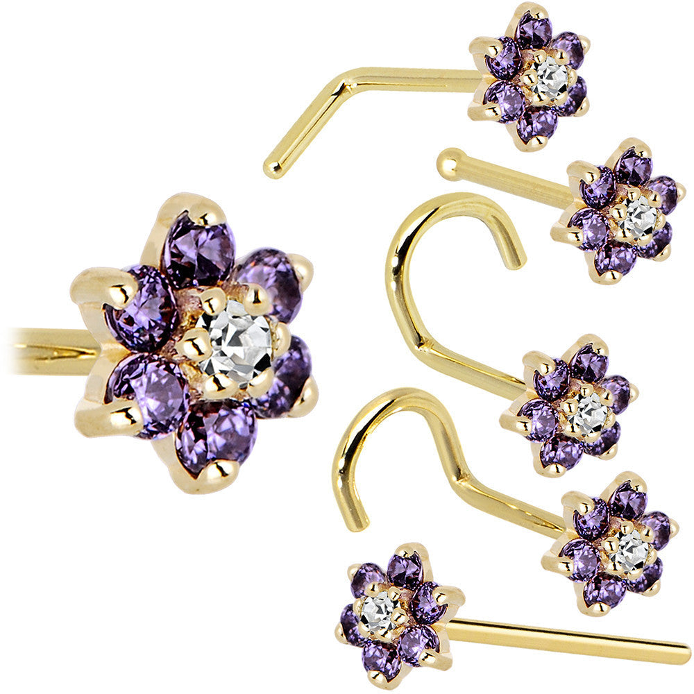 Solid 14K Yellow Gold Amethyst and Clear Cubic Zirconia Flower Nose Ring