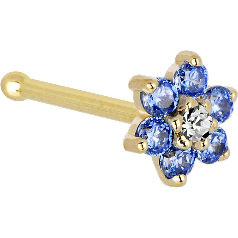 Solid 14K Yellow Gold Arctic Blue and Clear Cubic Zirconia Flower Nose Ring