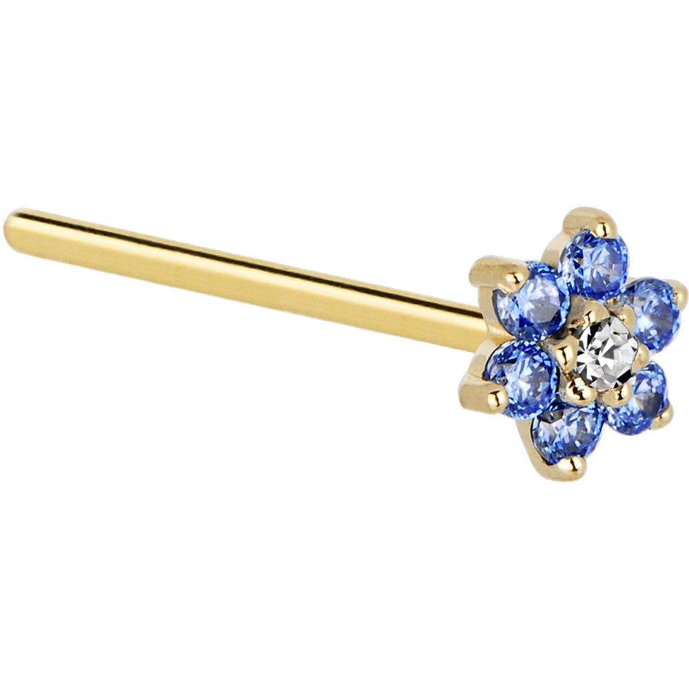 Solid 14K Yellow Gold Arctic Blue and Clear Cubic Zirconia Flower Nose Ring
