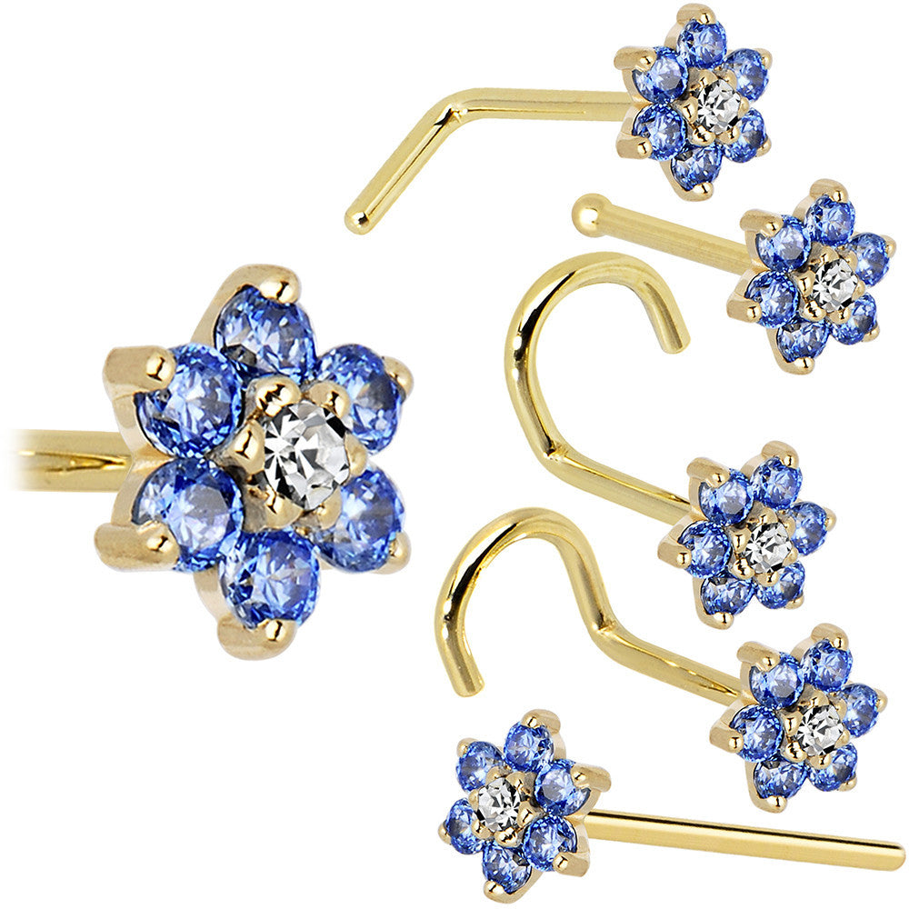 Solid 14K Yellow Gold Arctic Blue and Clear Cubic Zirconia Flower Nose Ring