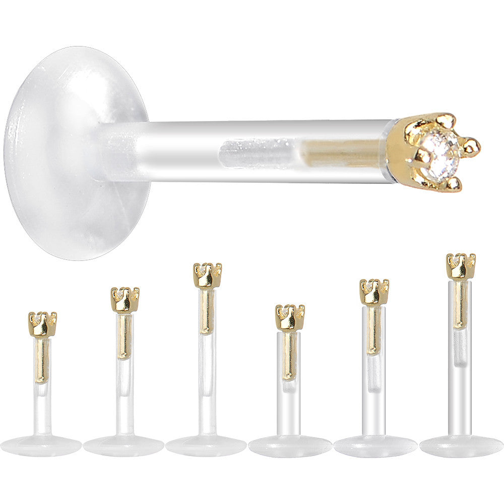 Solid 14K Yellow Gold 1.5mm CZ Bioplast Push in Labret Monroe