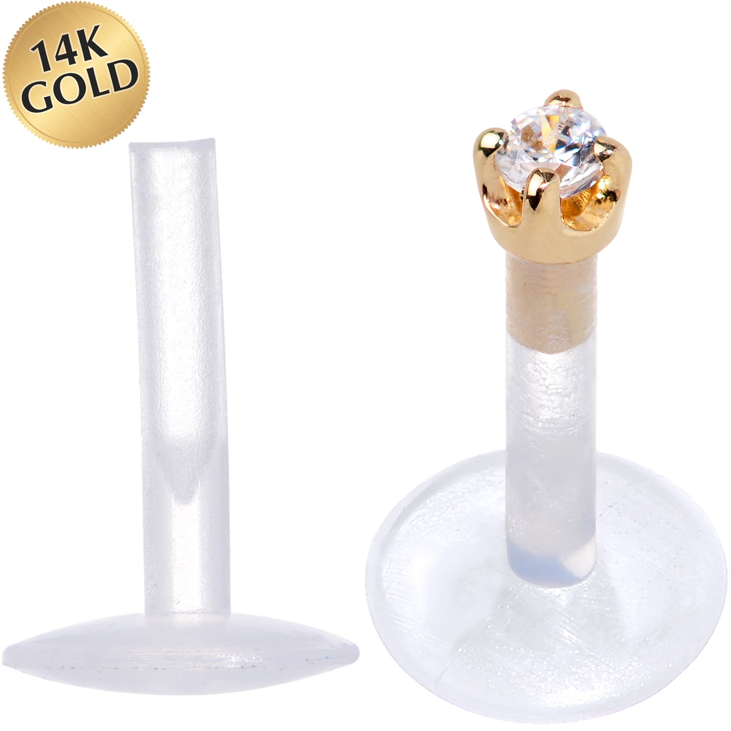 16G 1/4 Solid 14K Yellow Gold 1.5mm CZ Bioplast Push in Cartilage Earring