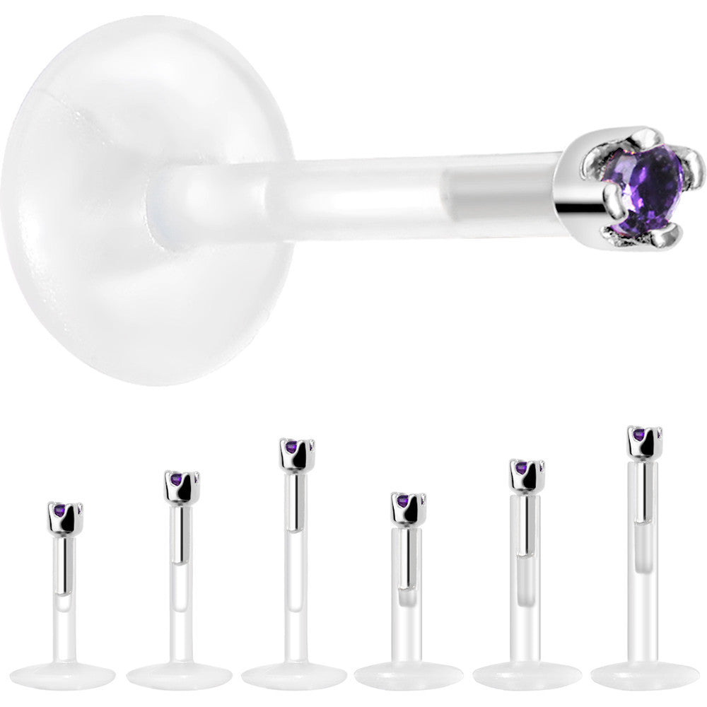 Solid 14K White Gold February 1.5mm CZ Bioplast Push in Labret Monroe