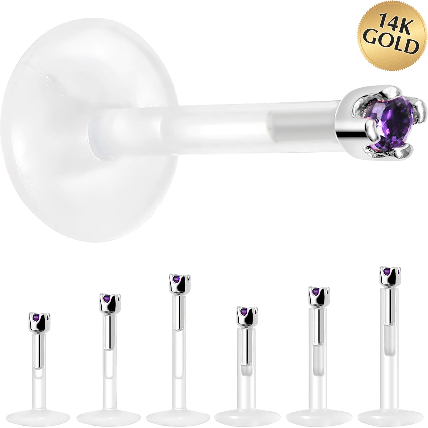 Solid 14K White Gold February 1.5mm CZ Bioplast Push in Labret Monroe