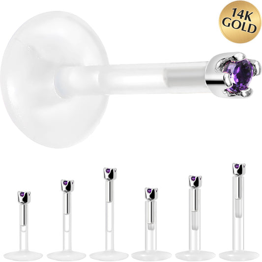 Solid 14K White Gold February 1.5mm CZ Bioplast Push in Labret Monroe