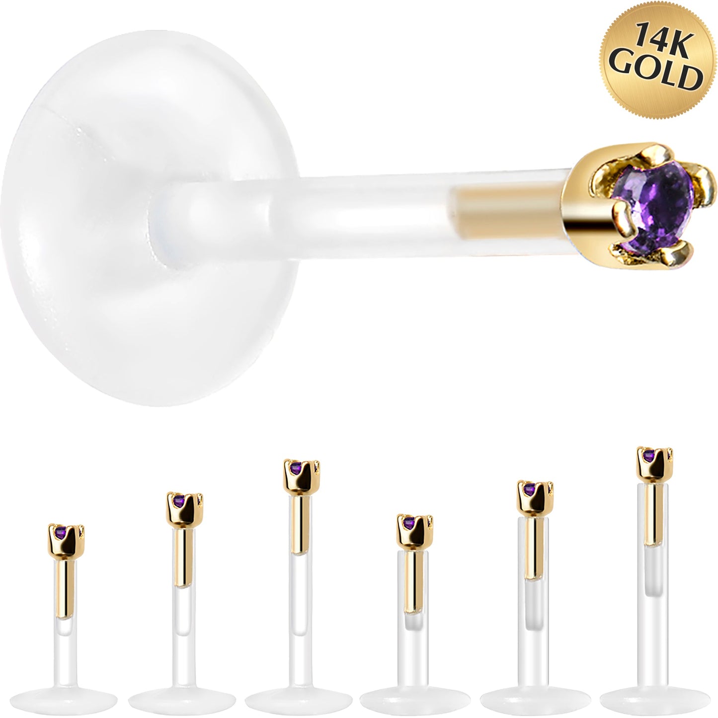 Solid 14K Yellow Gold February 1.5mm CZ Bioplast Push in Labret Monroe