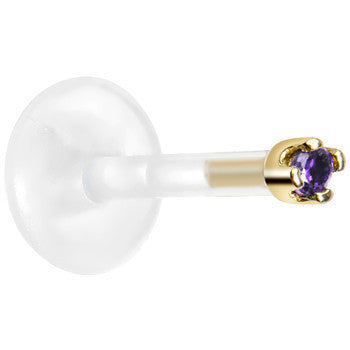 Solid 14K Yellow Gold February 1.5mm CZ Bioplast Push in Labret Monroe