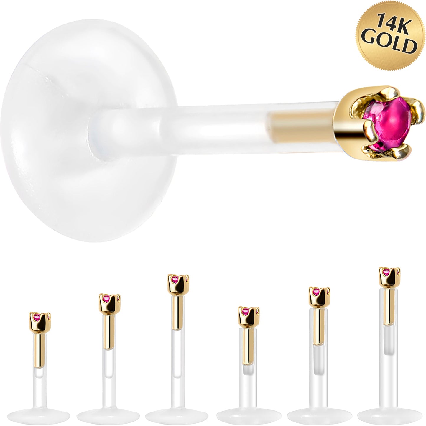 Solid 14K Yellow Gold July 1.5mm CZ Bioplast Push in Labret Monroe