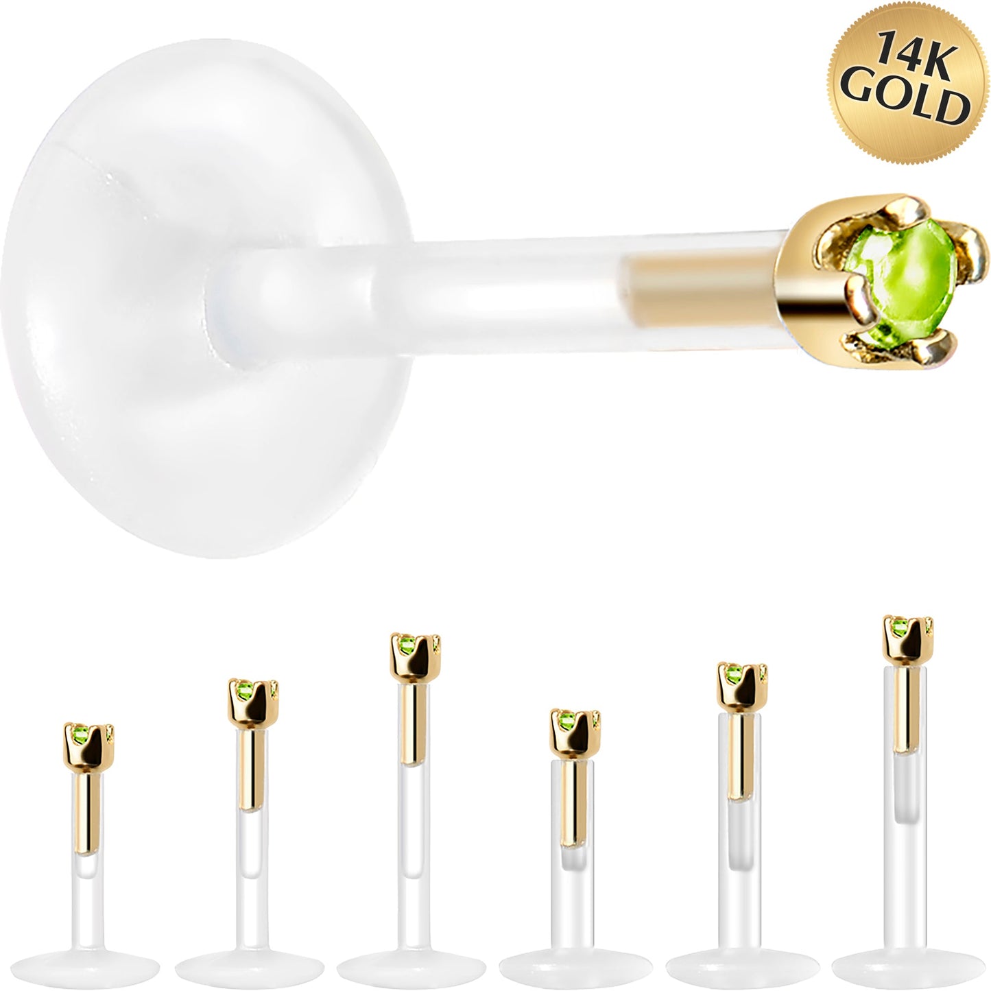 Solid 14K Yellow Gold August 1.5mm CZ Bioplast Push in Labret Monroe