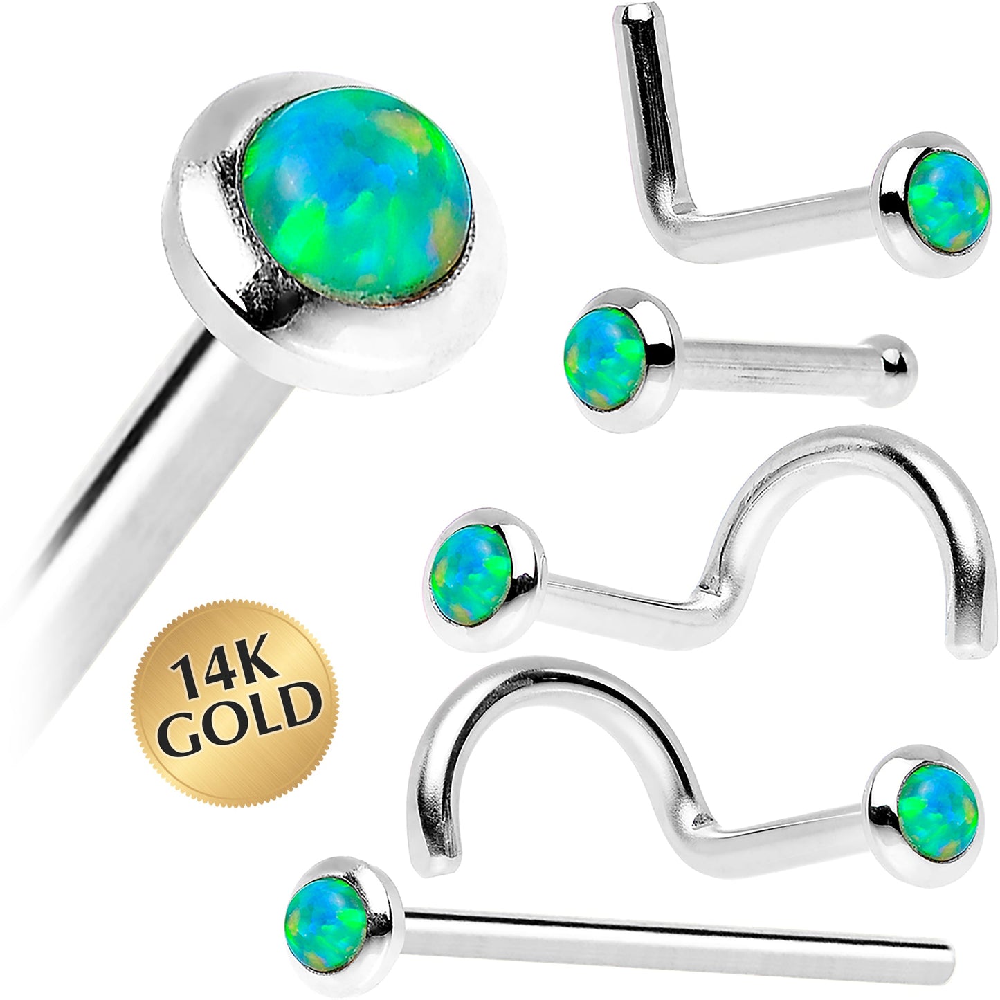 14k White Gold 2mm Lime Synthetic Opal Nose Ring