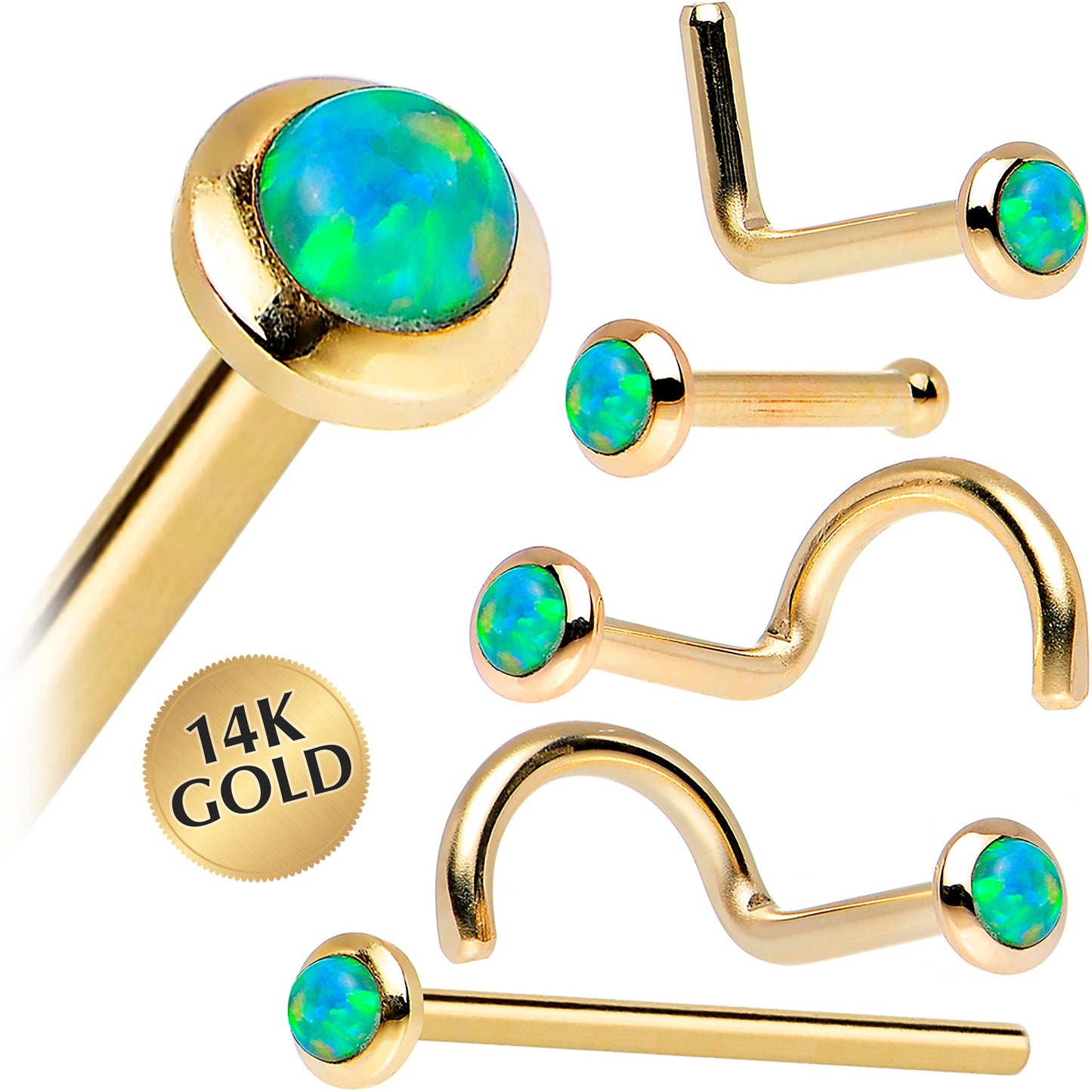 14k Yellow Gold 2mm Lime Synthetic Opal Nose Ring