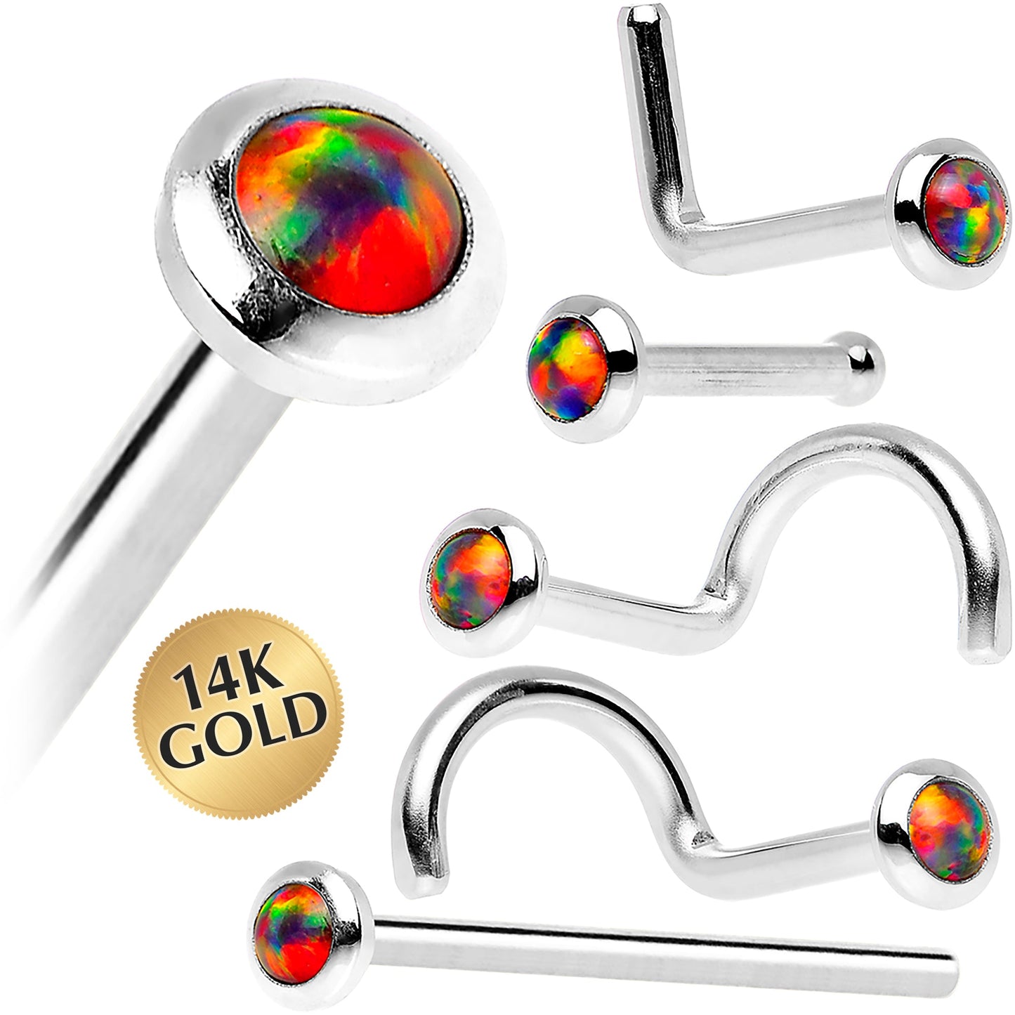 14k White Gold 2mm Fire Red Synthetic Opal Nose Ring