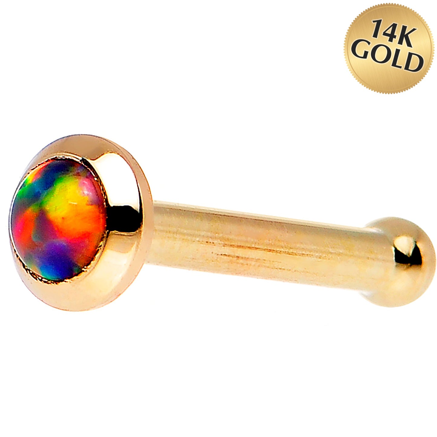 14k Yellow Gold 2mm Fire Red Synthetic Opal Nose Ring