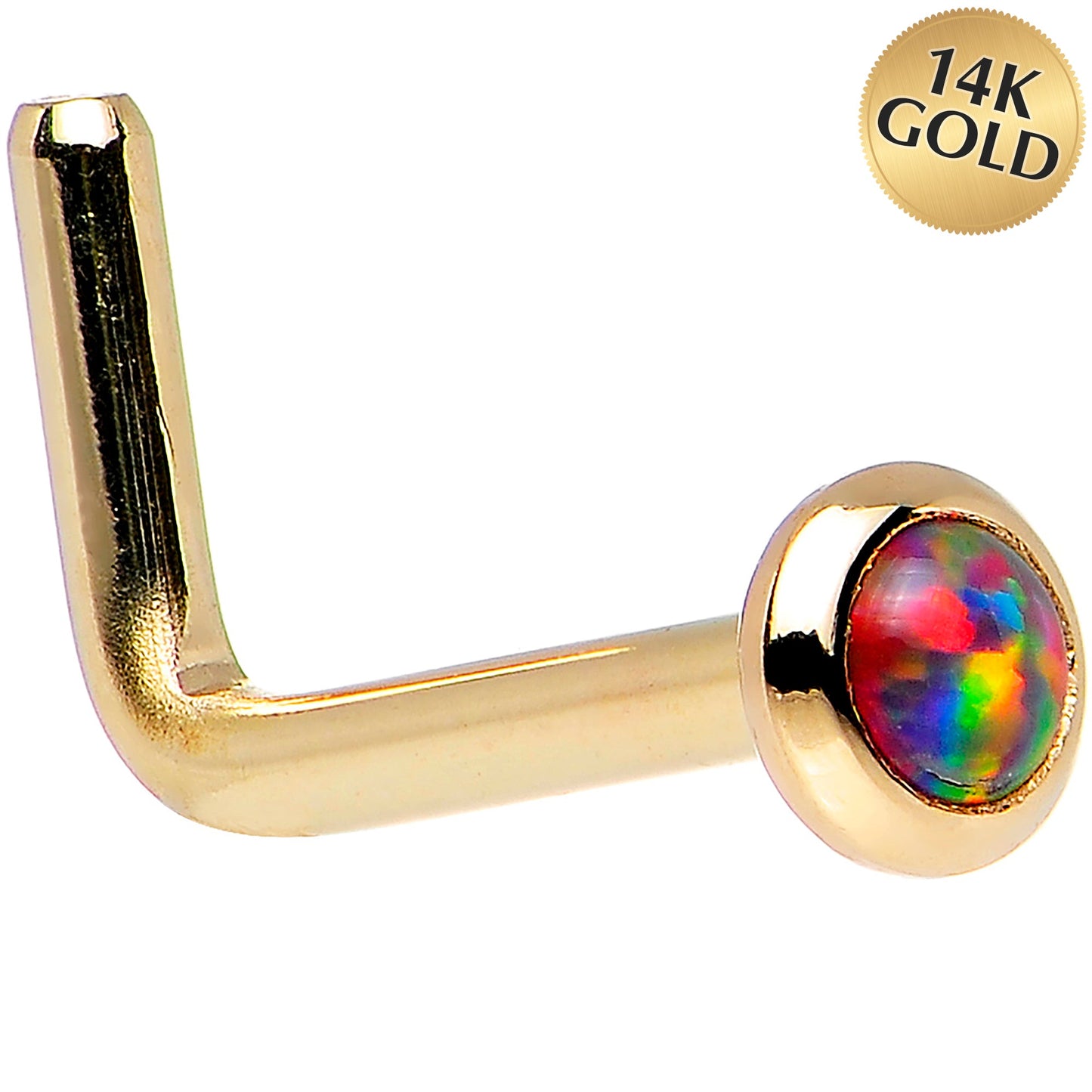 14k Yellow Gold 2mm Fire Red Synthetic Opal Nose Ring