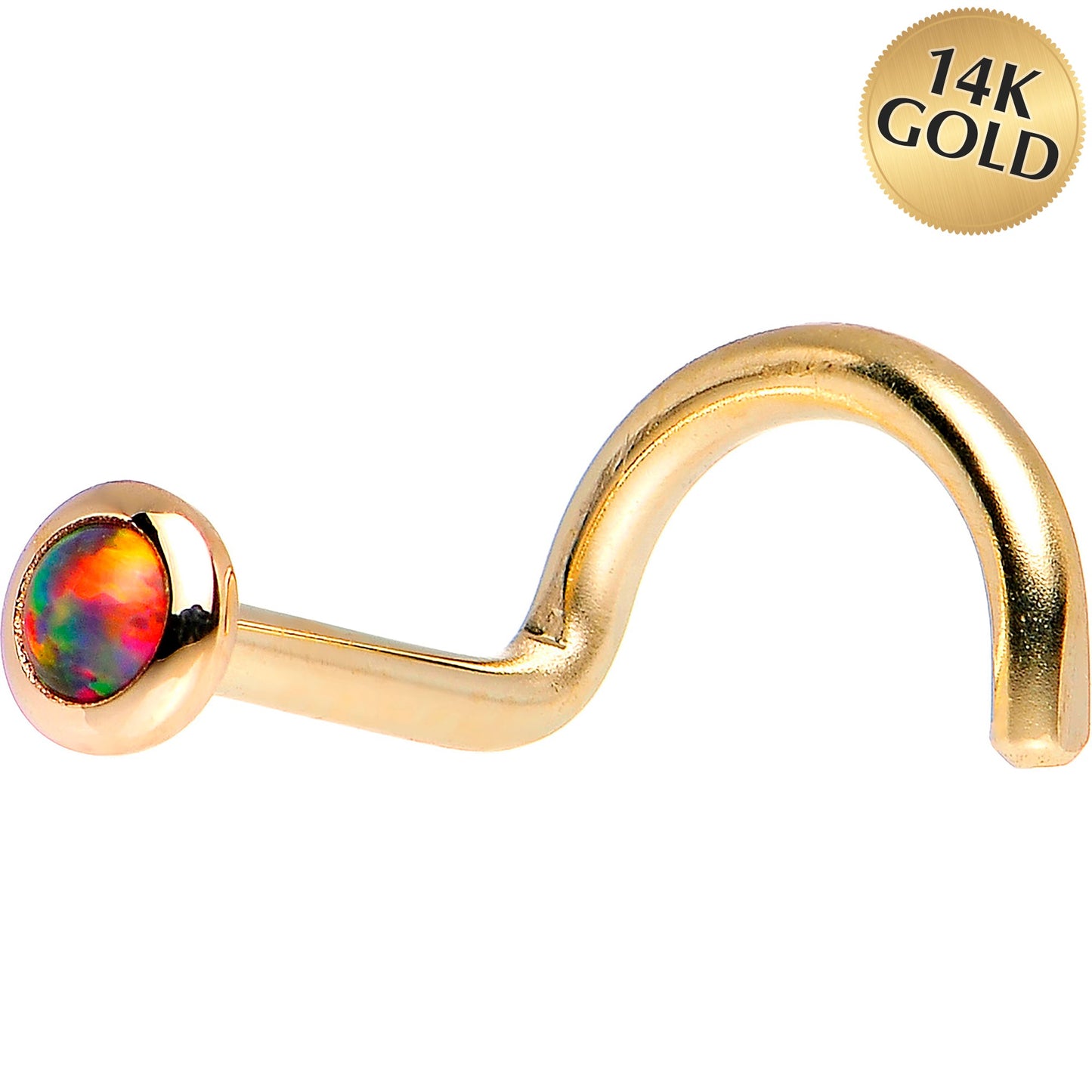 14k Yellow Gold 2mm Fire Red Synthetic Opal Nose Ring