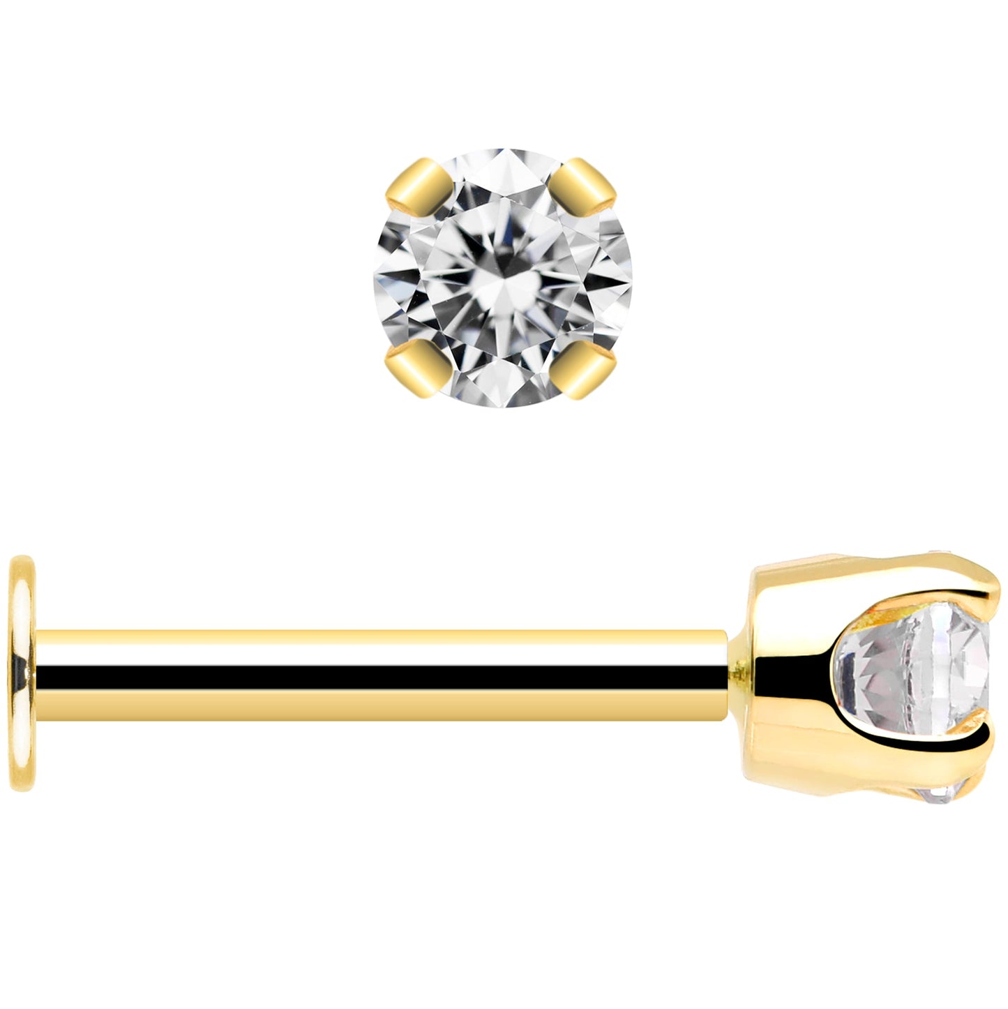 14k Yellow Gold Flat Back Earring with 3mm Lab Grown Diamond Handmade