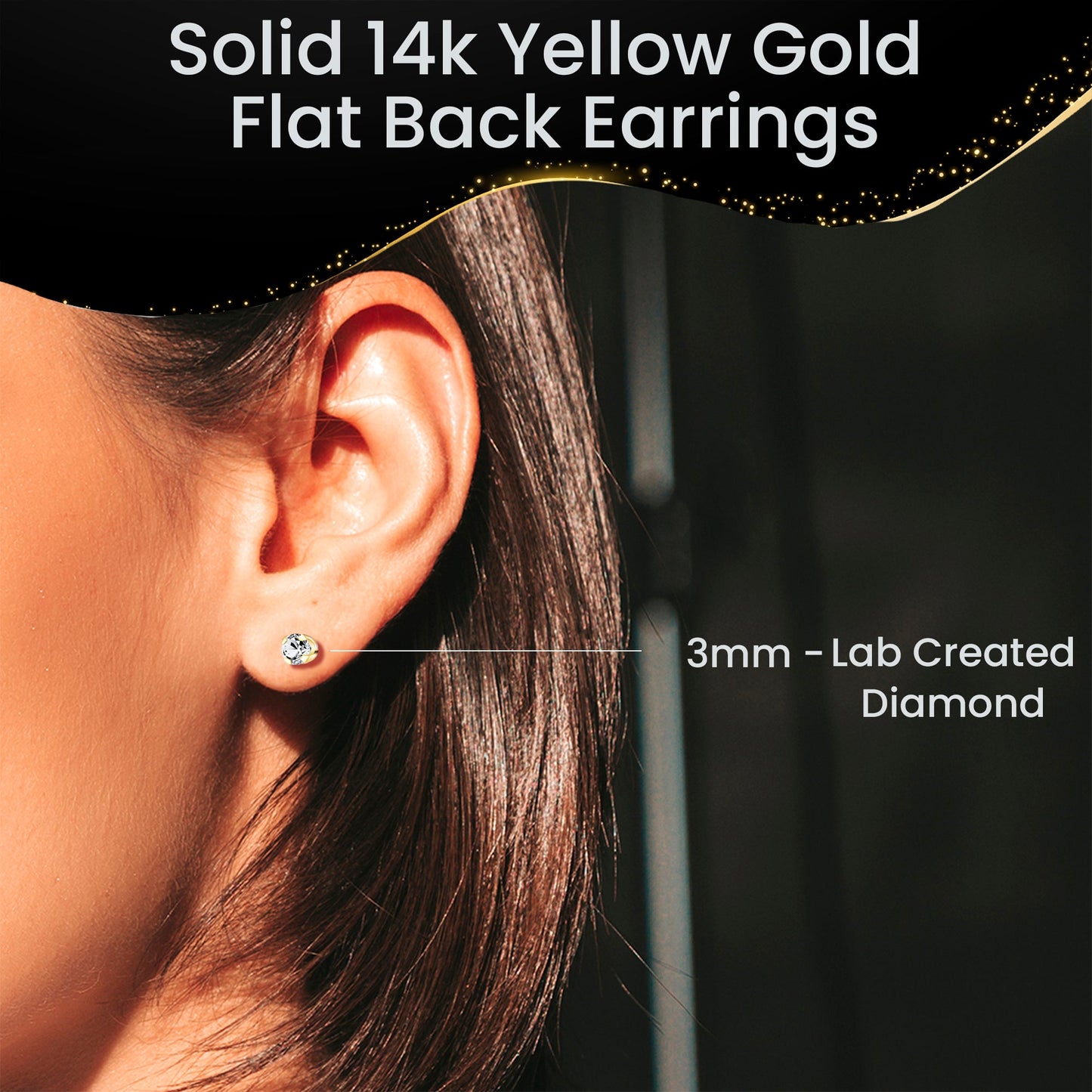 14k Yellow Gold Flat Back Earring with 3mm Lab Grown Diamond Handmade