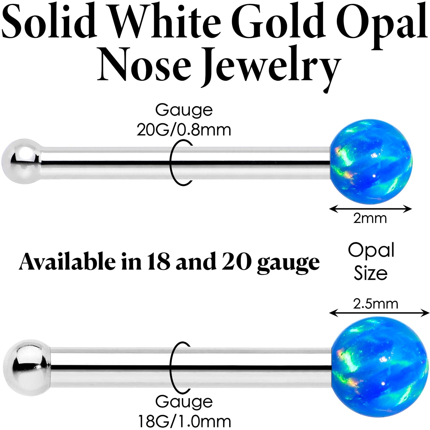 14k White Gold 2.5mm Blue Synthetic Opal Ball Nose Ring