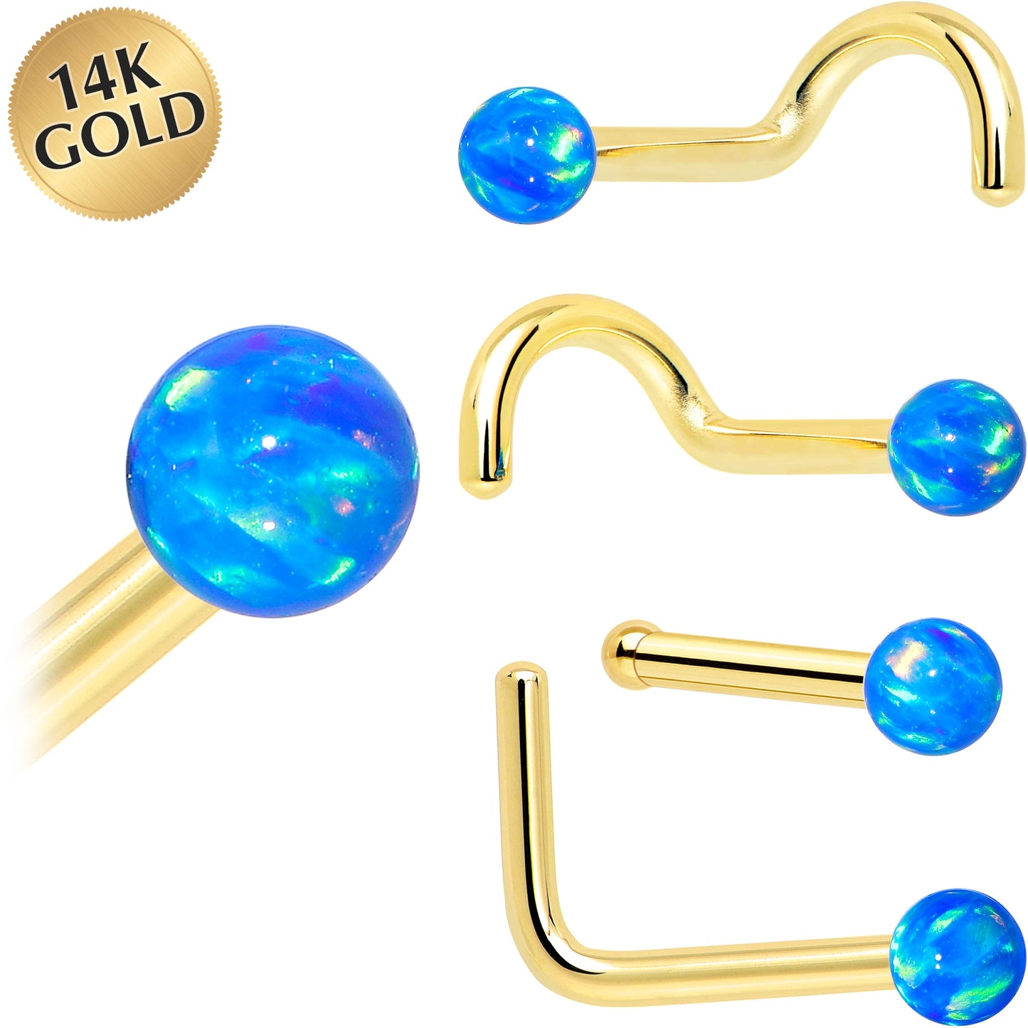 14k Yellow Gold 2.5mm Blue Synthetic Opal Ball Nose Ring