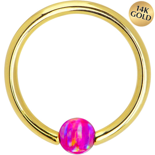 14G 3/8 Solid 14K Gold Purple Synthetic Opal Captive Ring