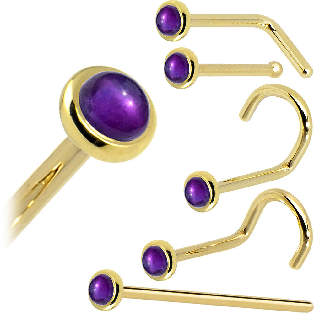 Solid 14K Yellow Gold 2mm Genuine Amethyst Nose Ring