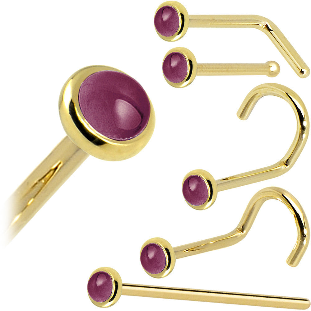 Solid 14K Yellow Gold 2mm Genuine Raspberry Rhodolite Garnet Nose Ring
