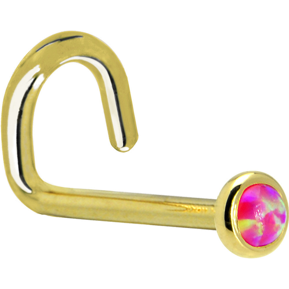 Solid 14K Yellow Gold 2mm Brilliant Pink Synthetic Opal Nose Ring