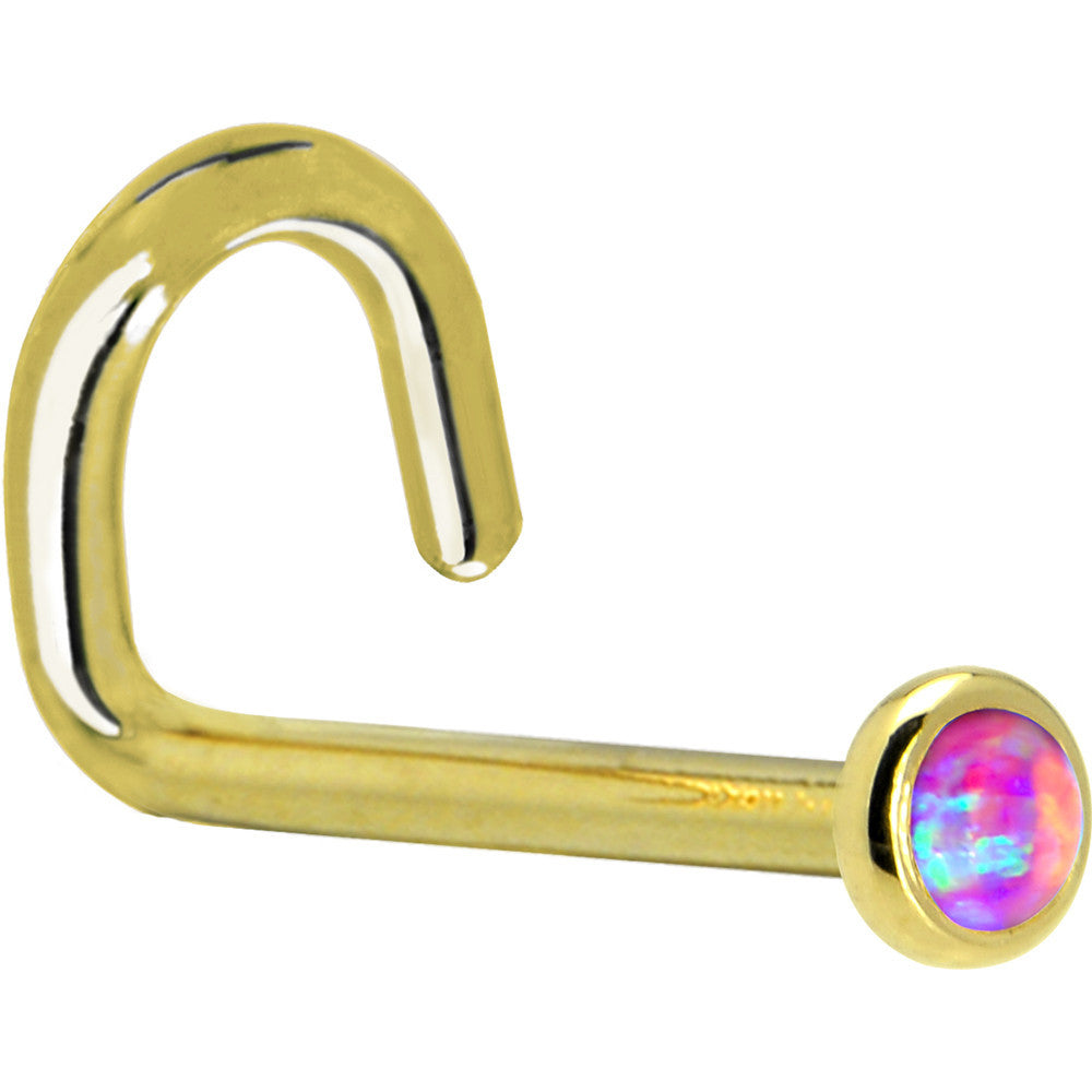 Solid 14K Yellow Gold 2mm Fuchsia Synthetic Opal Nose Ring