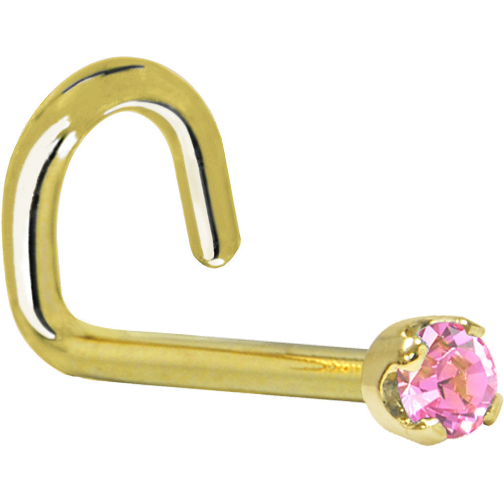 Solid 14K Yellow Gold 2mm Pink Cubic Zirconia Nose Ring