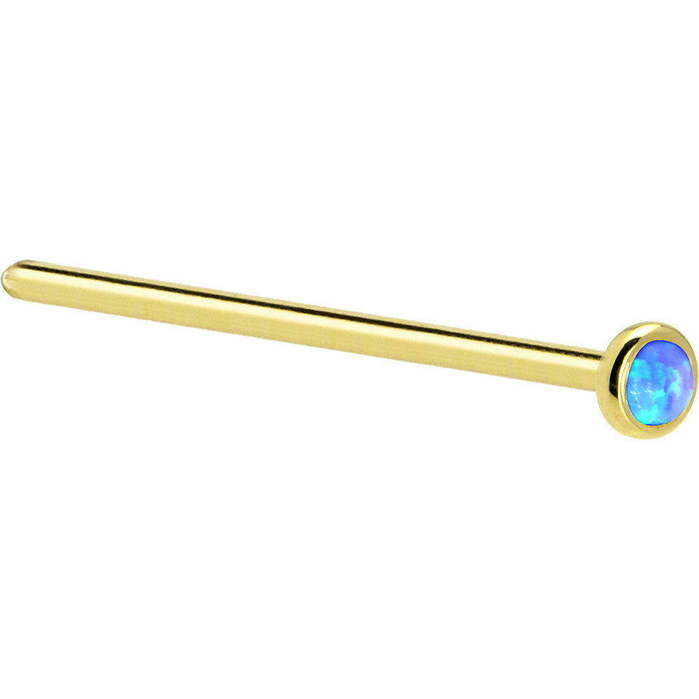 Solid 14K Yellow Gold 2mm Blue Synthetic Opal Nose Ring