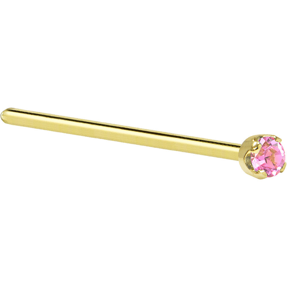 Solid 14K Yellow Gold 2mm Pink Cubic Zirconia Nose Ring