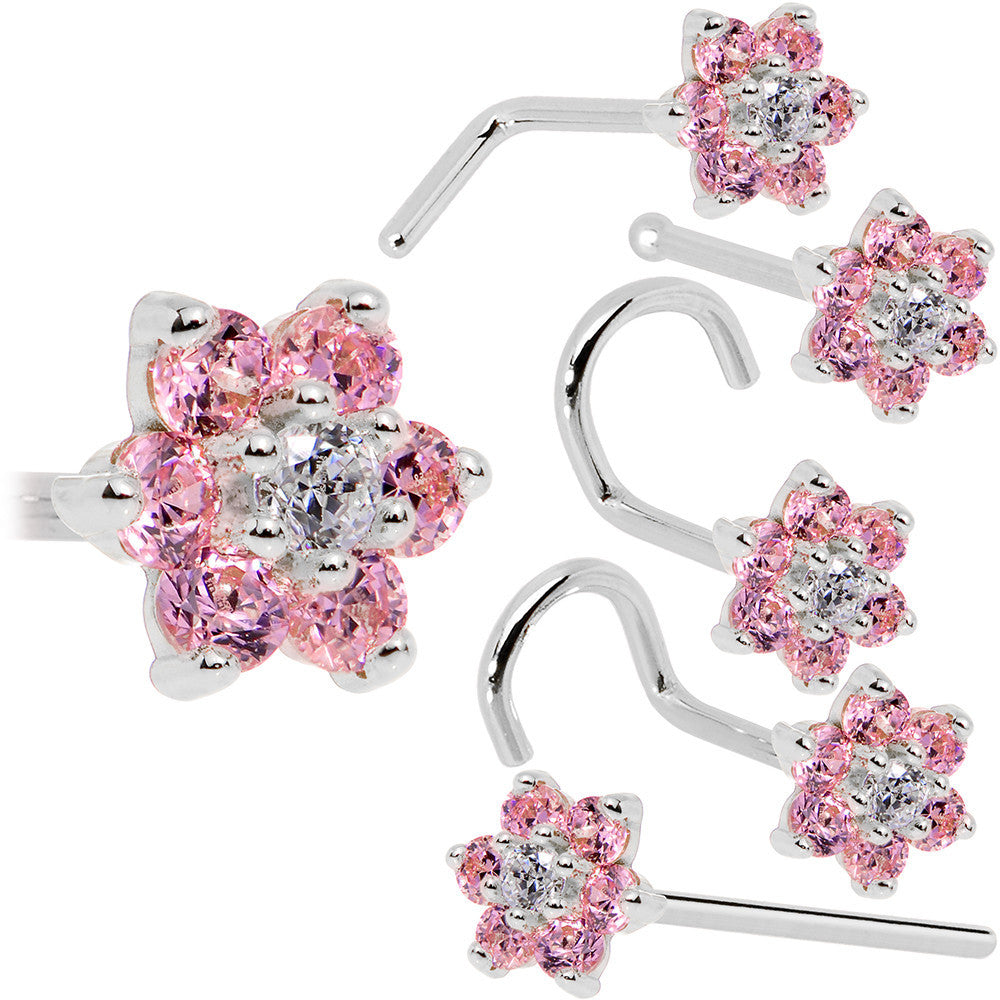 Solid 14K White Gold Pink and Clear Cubic Zirconia Flower Nose Ring