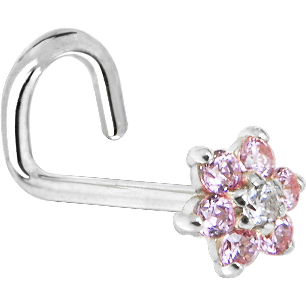 Solid 14K White Gold Pink and Clear Cubic Zirconia Flower Nose Ring