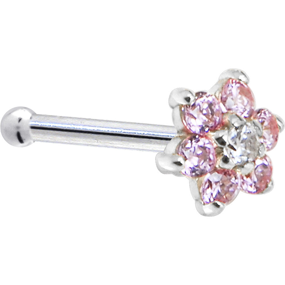 Solid 14K White Gold Pink and Clear Cubic Zirconia Flower Nose Ring