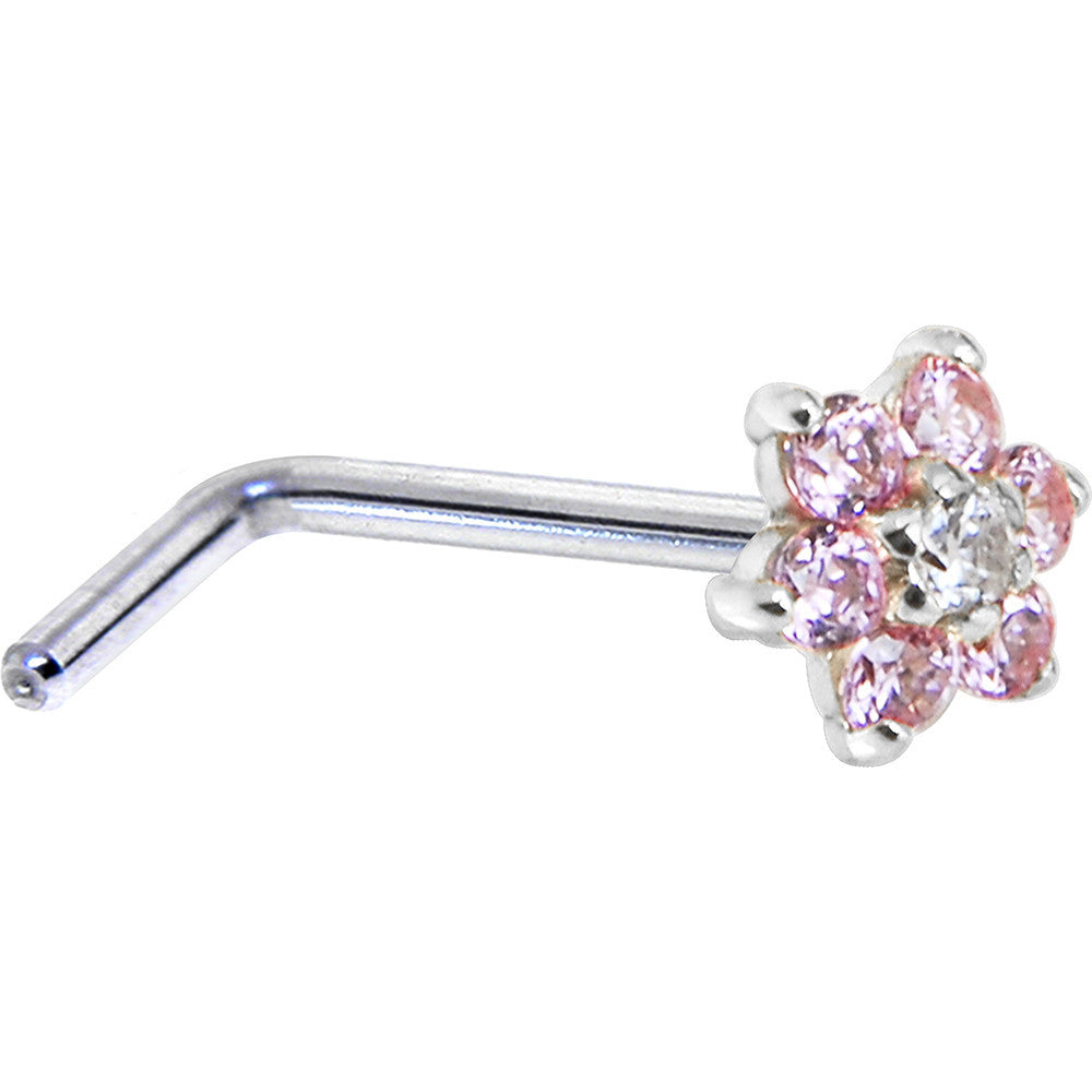 Solid 14K White Gold Pink and Clear Cubic Zirconia Flower Nose Ring