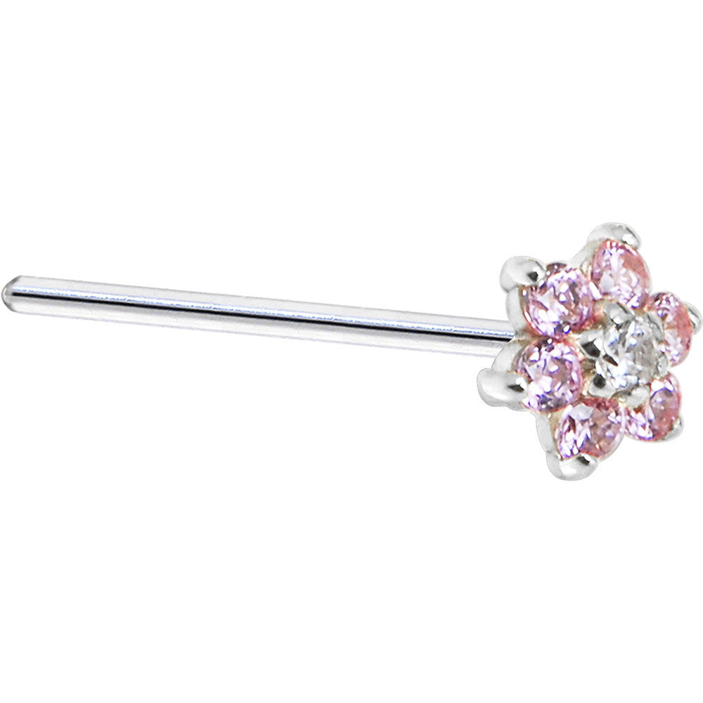 Solid 14K White Gold Pink and Clear Cubic Zirconia Flower Nose Ring