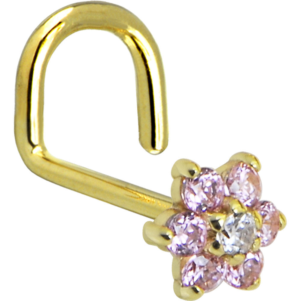 Solid 14K Yellow Gold Pink and Clear Cubic Zirconia Flower Nose Ring
