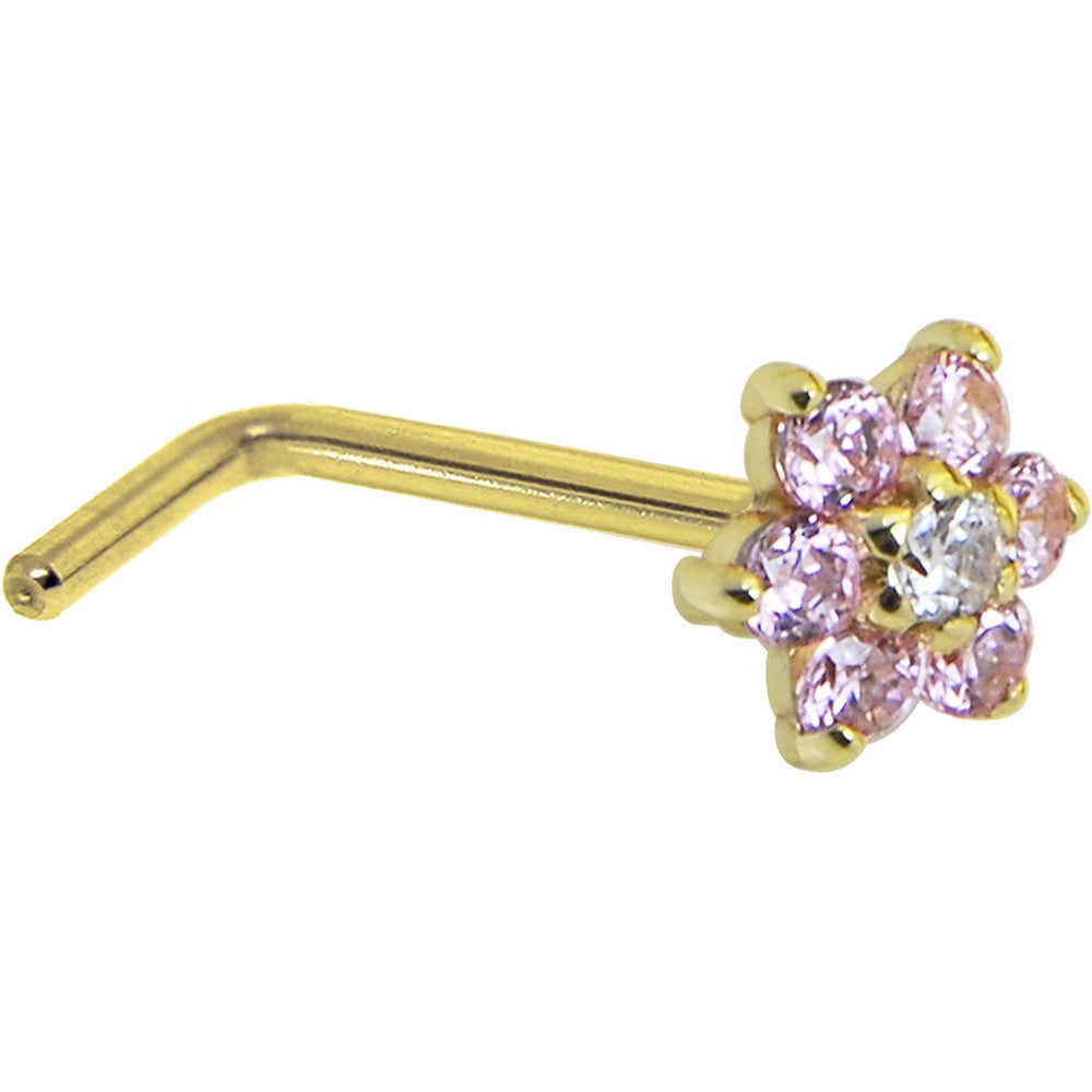 Solid 14K Yellow Gold Pink and Clear Cubic Zirconia Flower Nose Ring