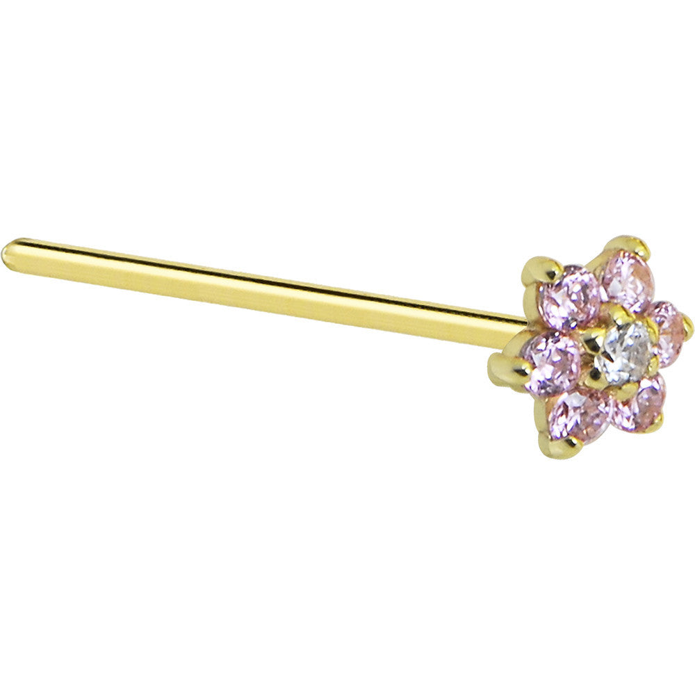 Solid 14K Yellow Gold Pink and Clear Cubic Zirconia Flower Nose Ring