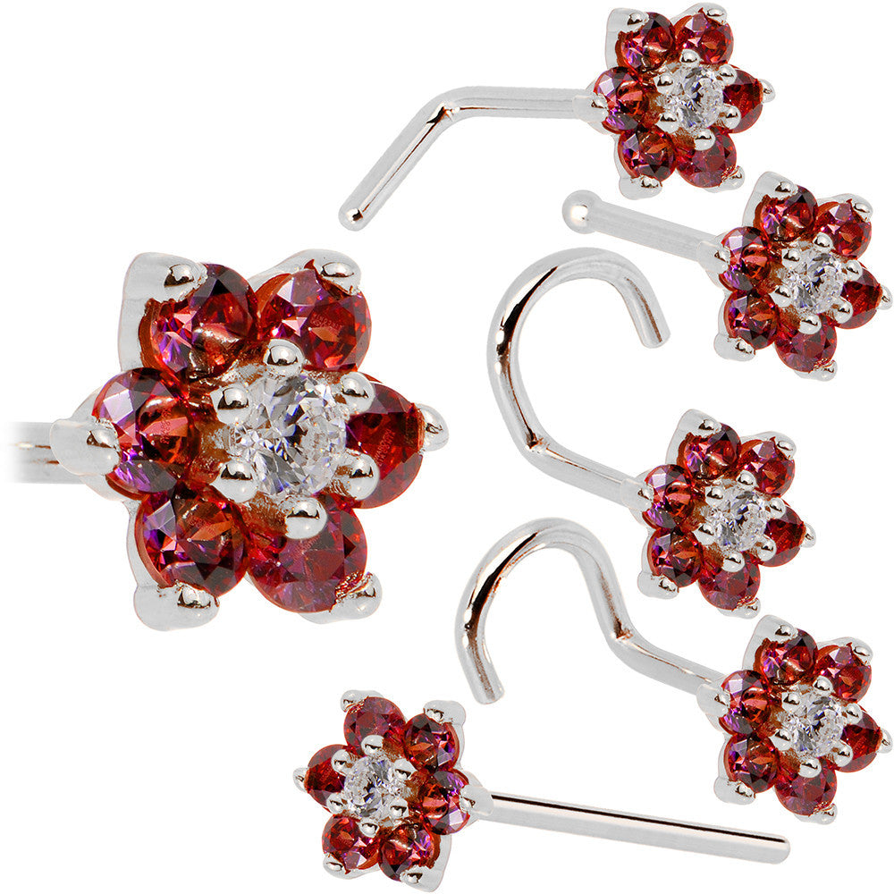 Solid 14K White Gold Red and Clear Cubic Zirconia Flower Nose Ring